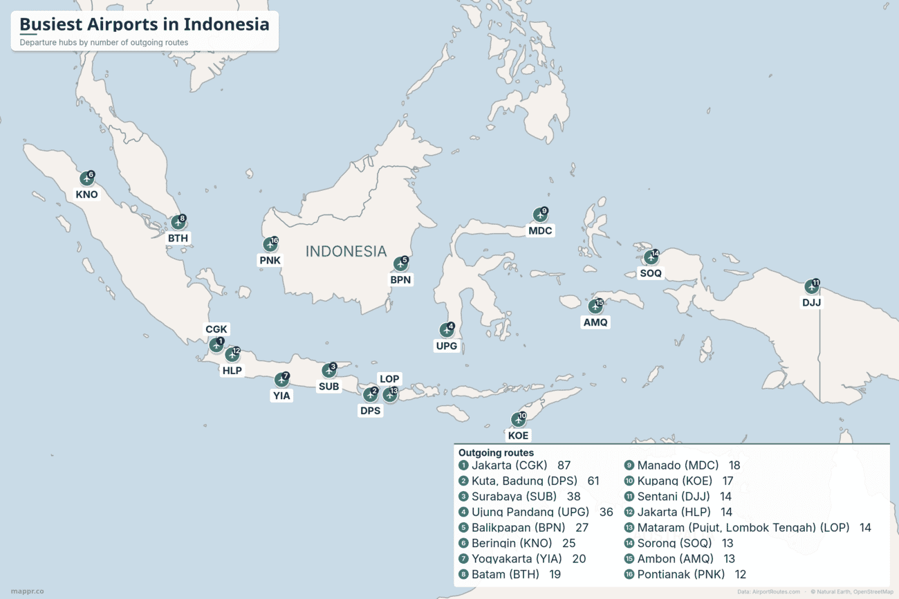 Map of the busiest airports in Indonesia