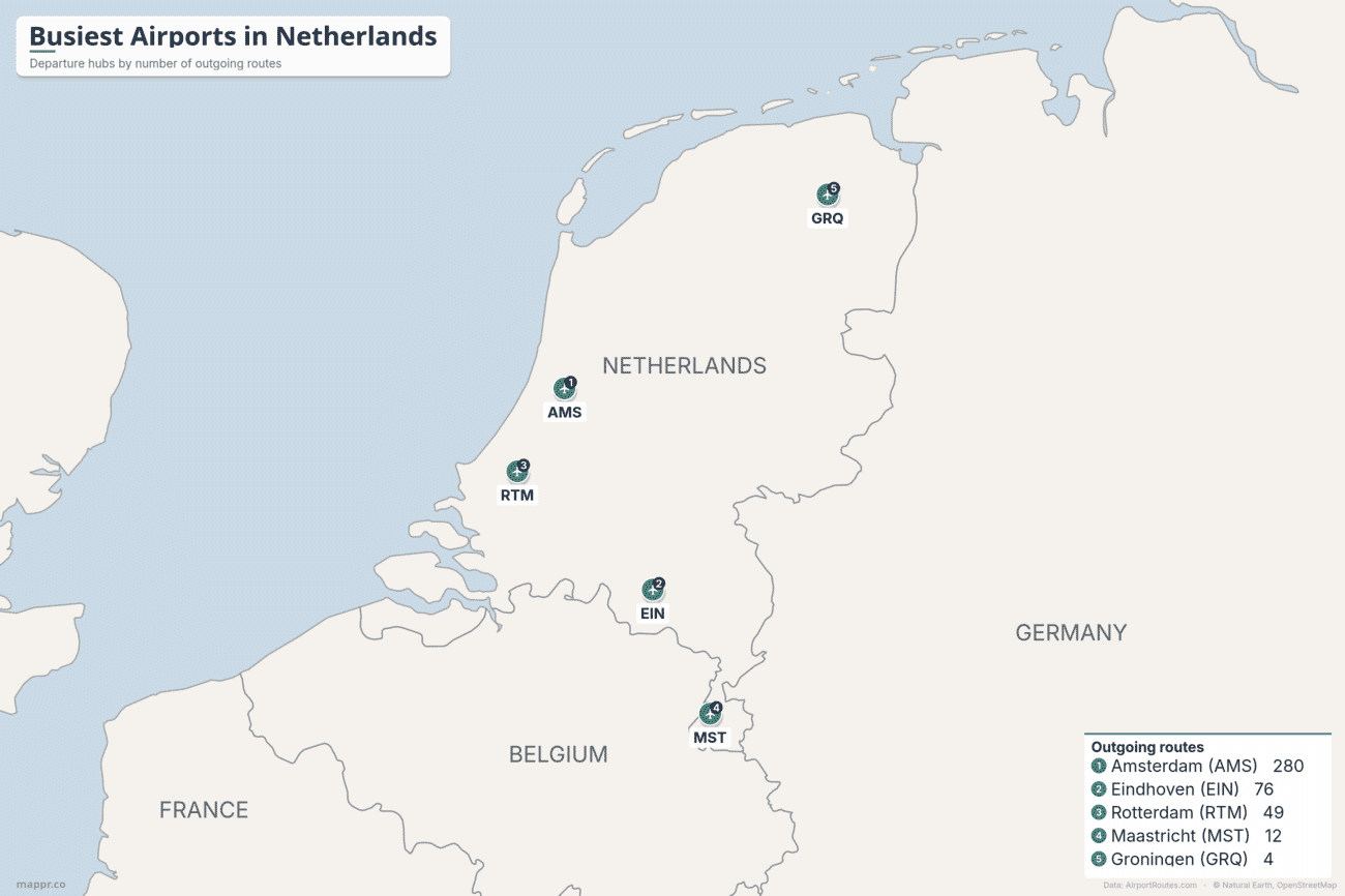 Map of the busiest airports in Netherlands