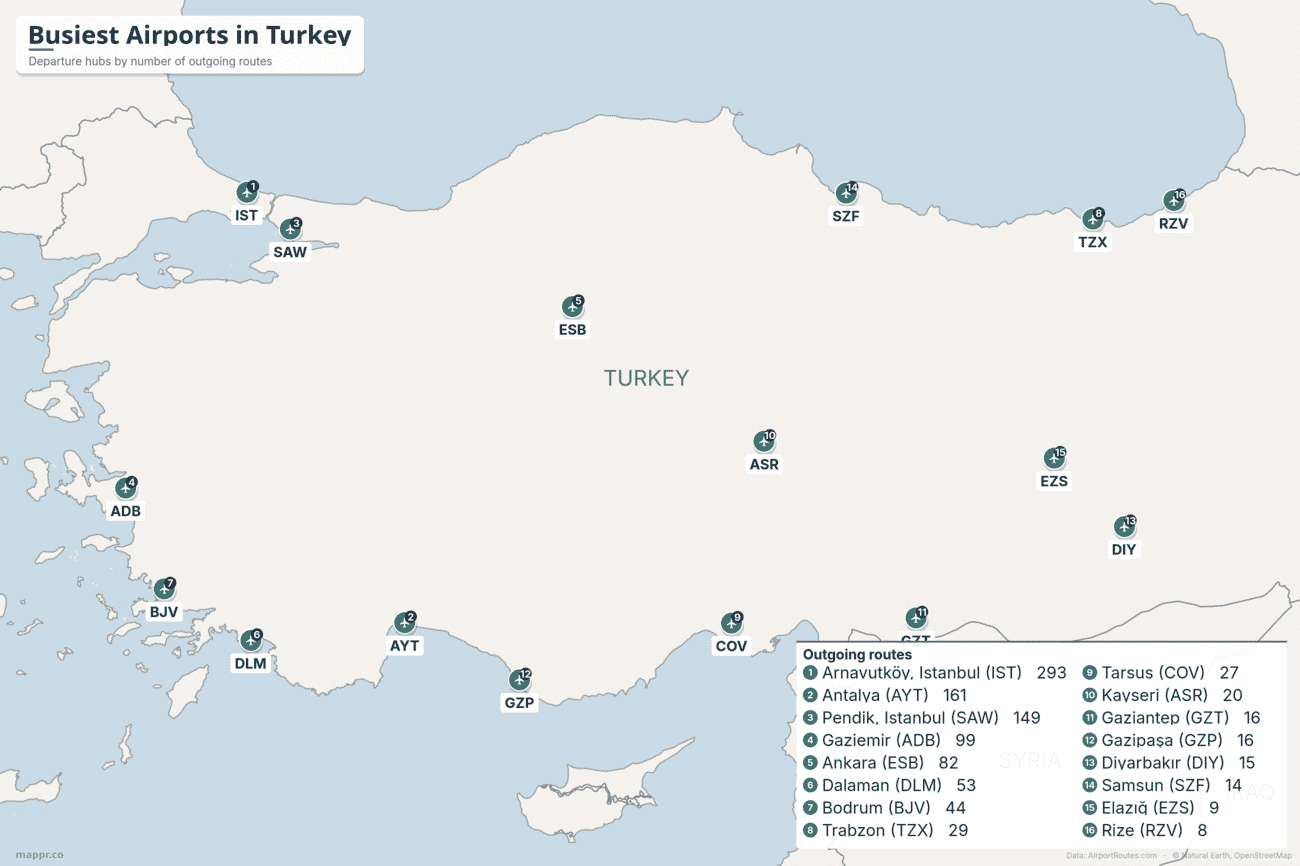 Map of the busiest airports in Turkey