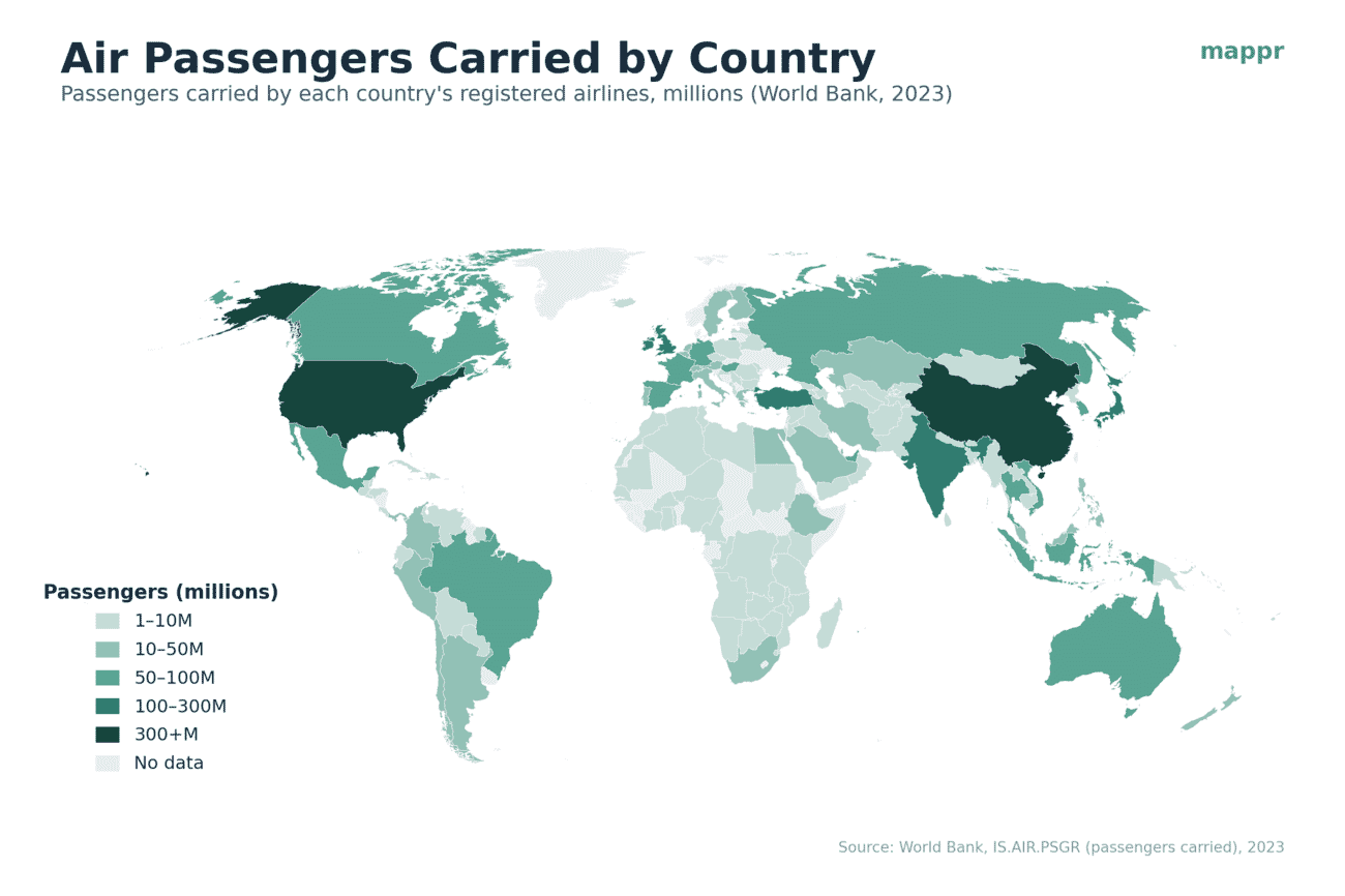 World choropleth of air passengers carried by each country's registered airlines, World Bank 2023