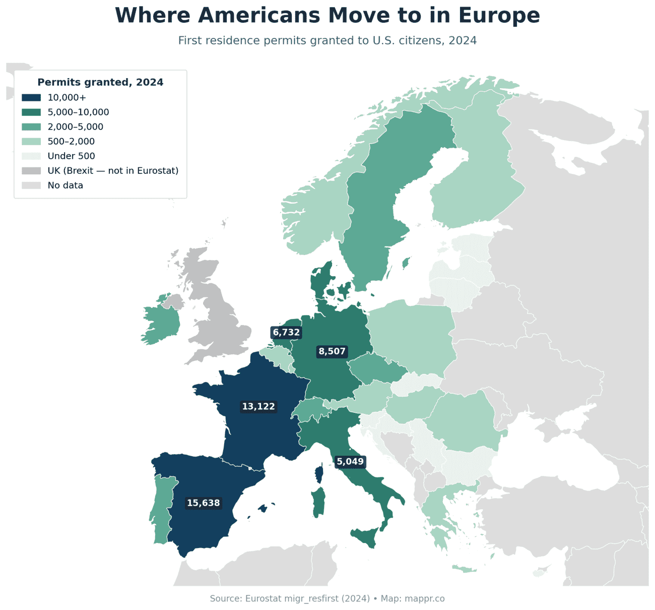 Choropleth map of Europe showing first residence permits granted to U.S. citizens by country in 2024, with Spain and France darkest