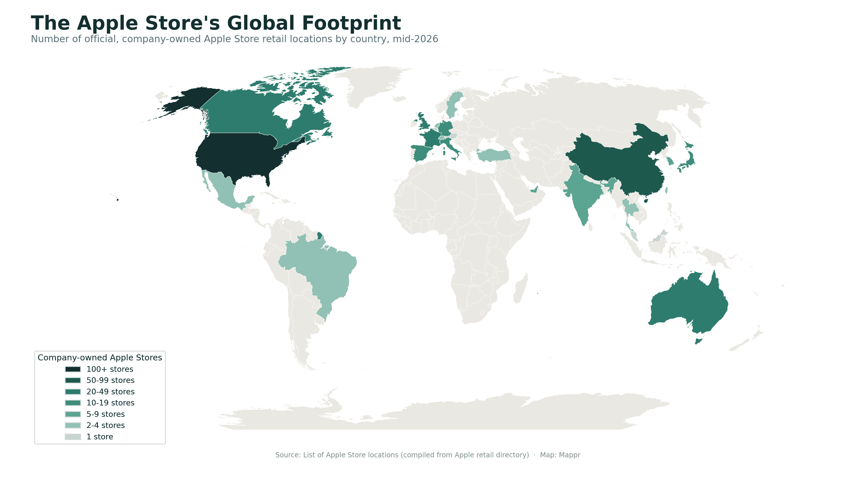 World map of official company-owned Apple Store locations by country, mid-2026
