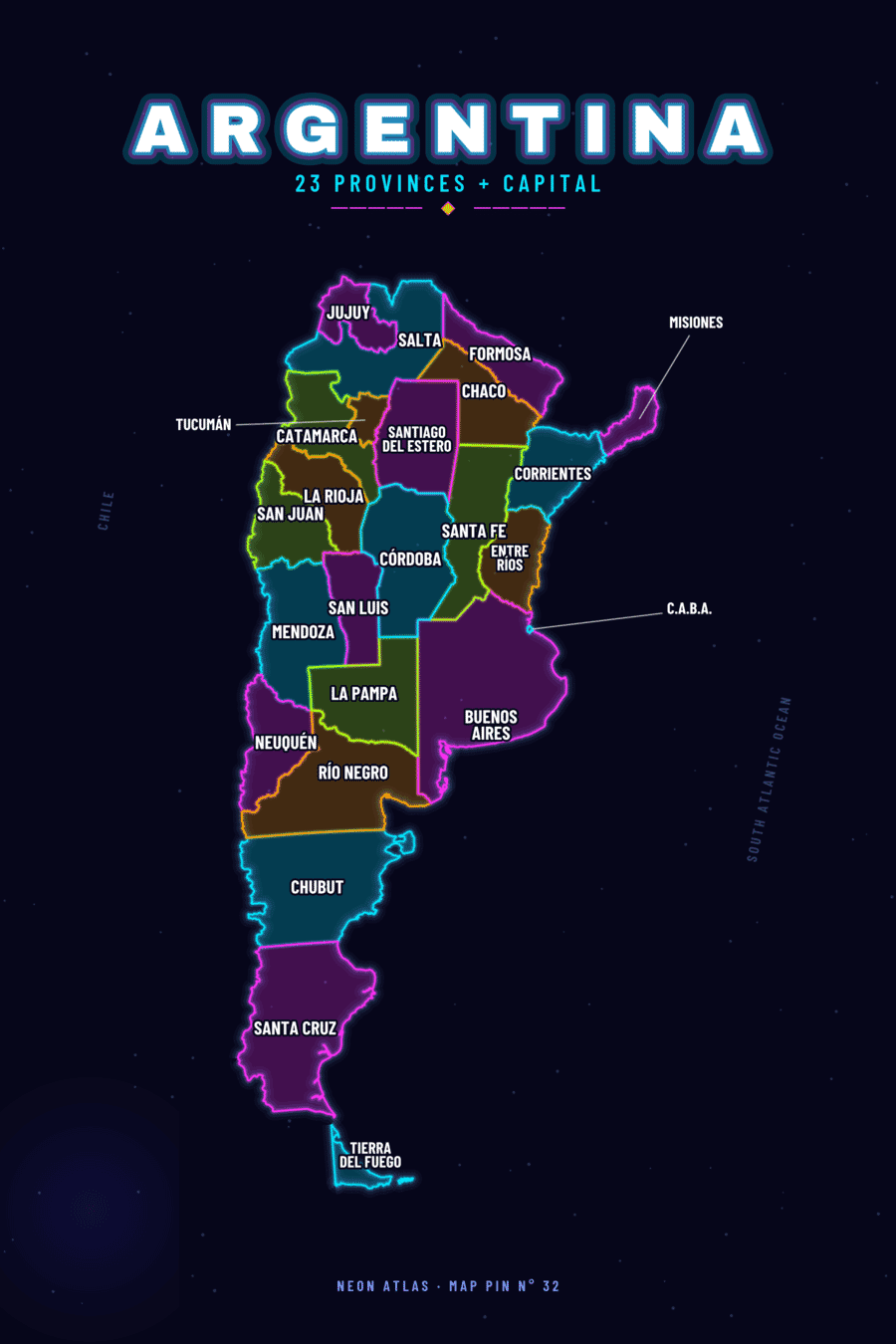 Neon map of Argentina showing its provinces, with a glowing location pin