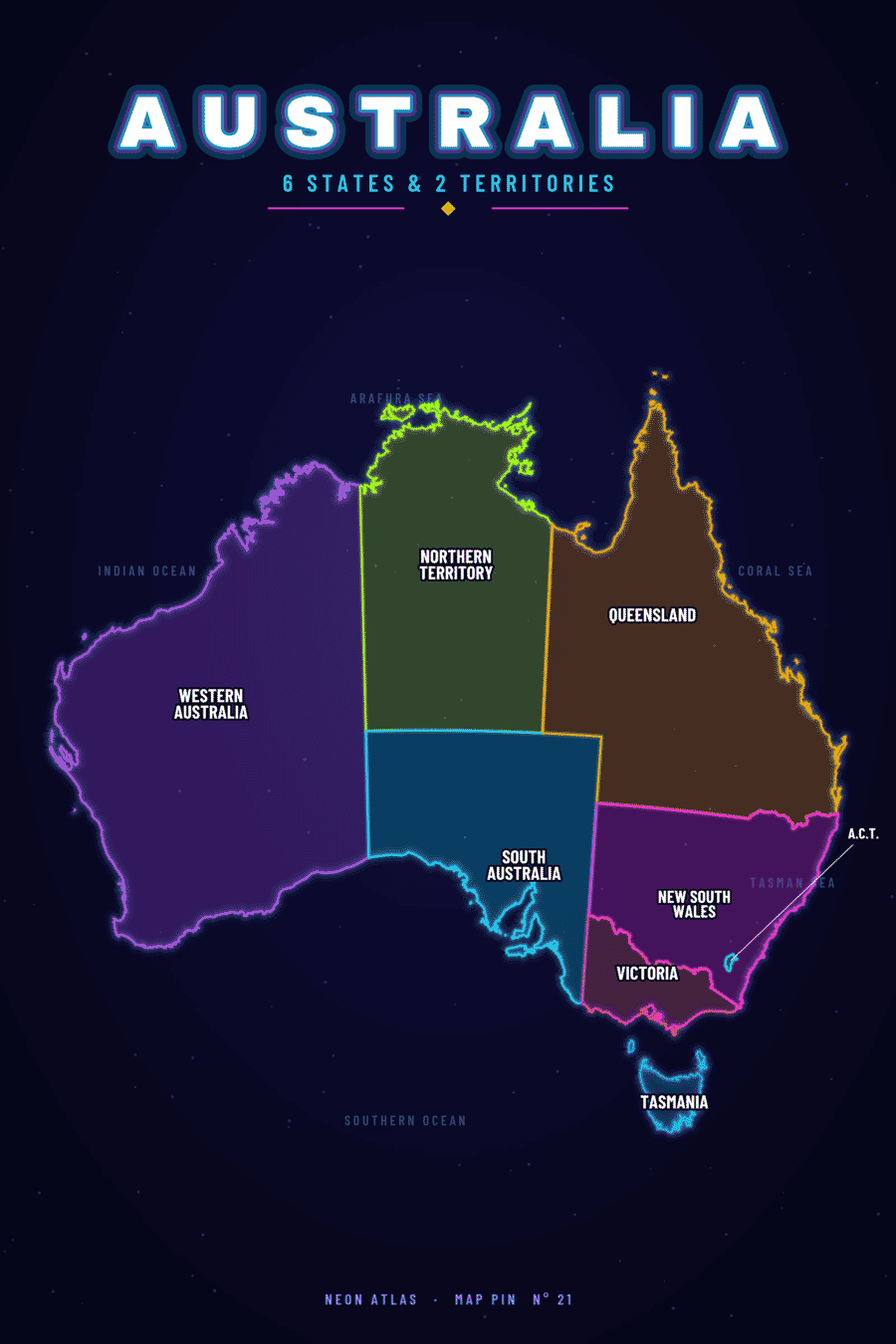 Neon map of Australia showing its states, with a glowing location pin