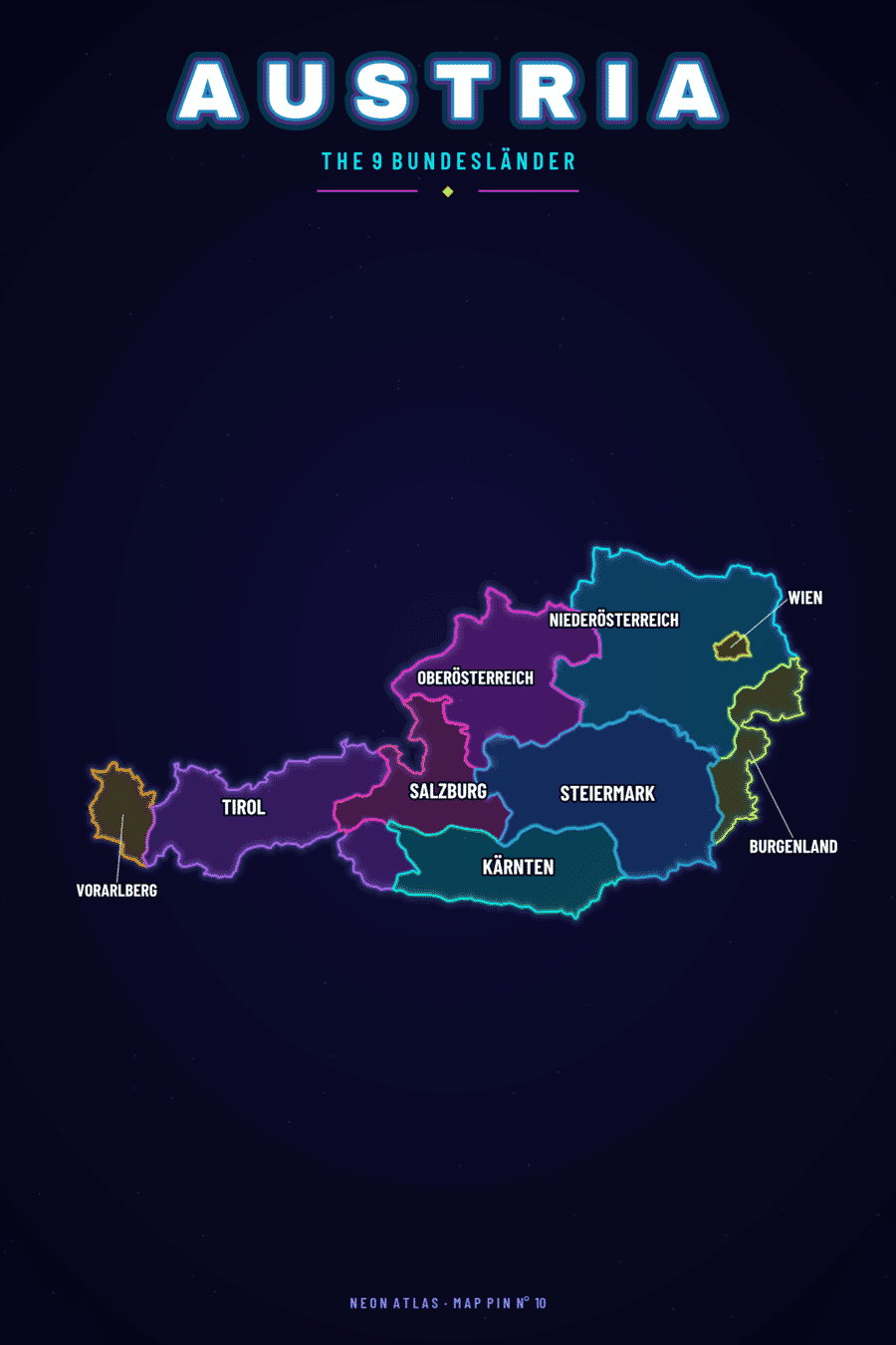 Neon map of Austria showing its bundeslaender, with a glowing location pin