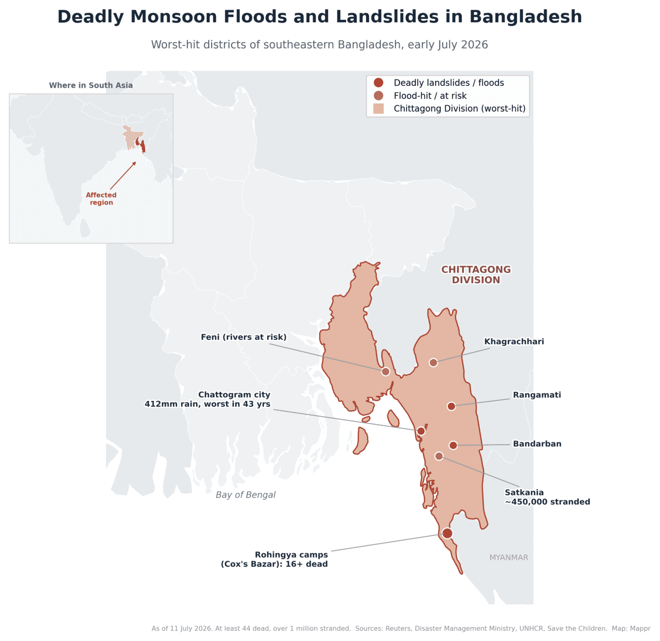 Map of southeastern Bangladesh showing districts hit by the July 2026 monsoon floods and landslides