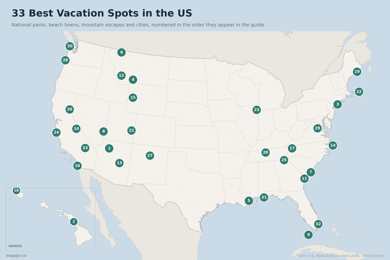 Map of the 33 best vacation spots in the US, numbered in the order they appear in this guide