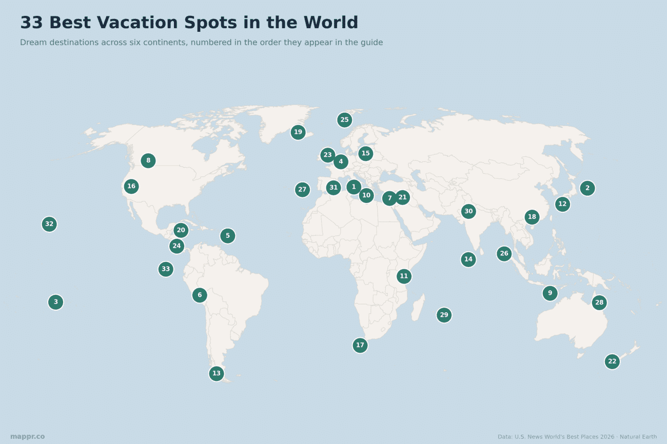 World map of the 33 best vacation spots in the world, numbered in the order they appear in this guide