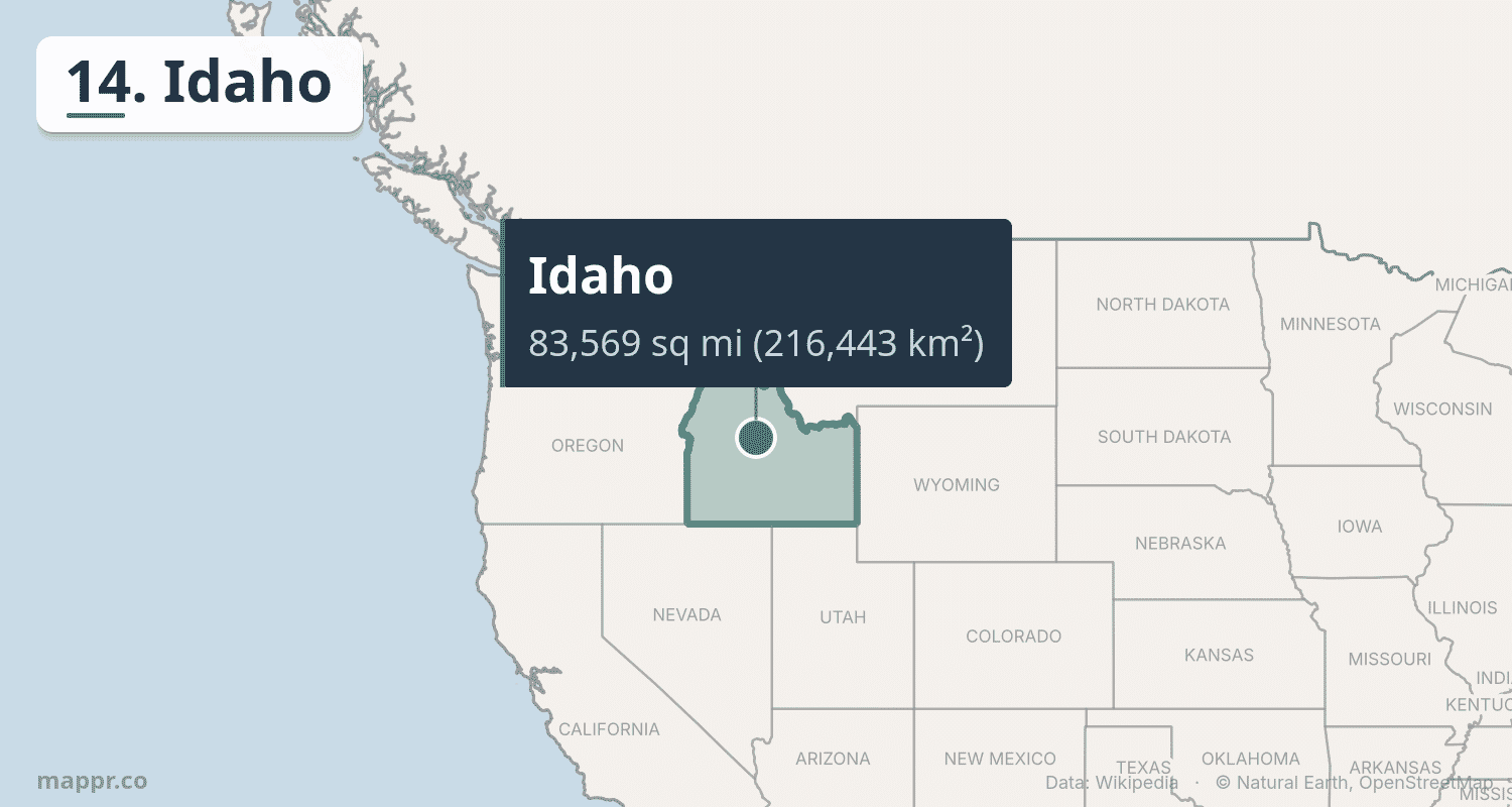 Map showing Idaho, the 14th largest US state at 83,569 square miles