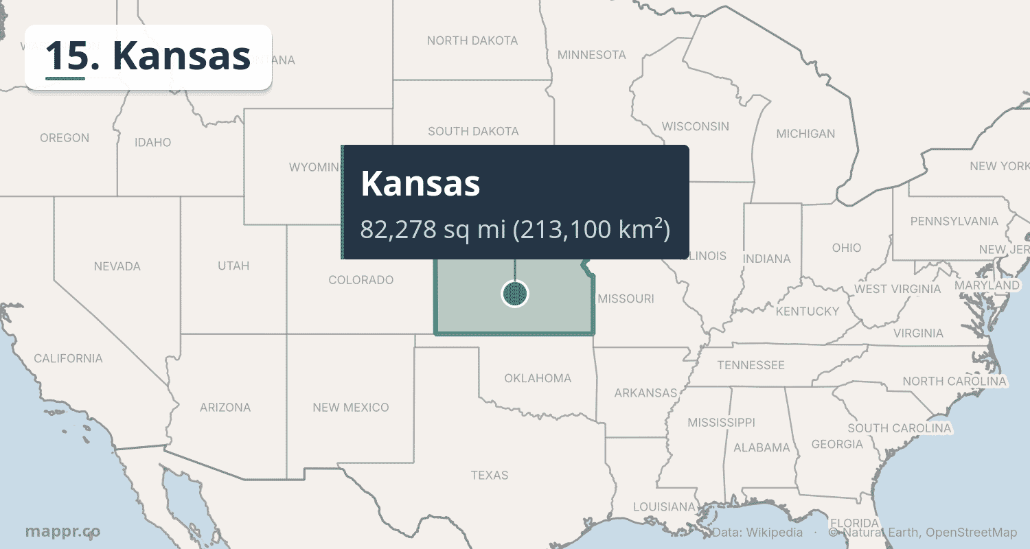 Map showing Kansas, the 15th largest US state at 82,278 square miles