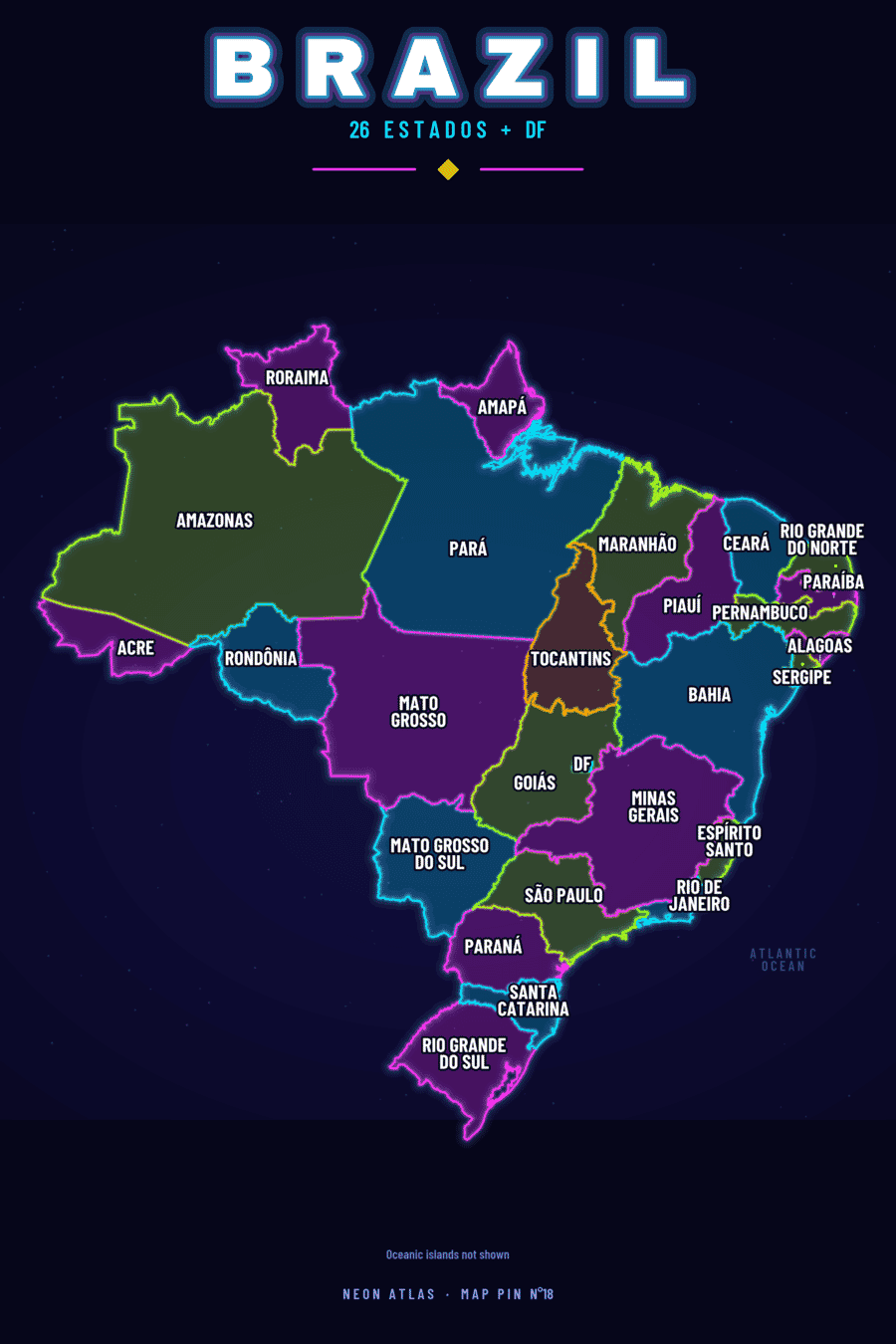 Neon map of Brazil showing its regions, with a glowing location pin