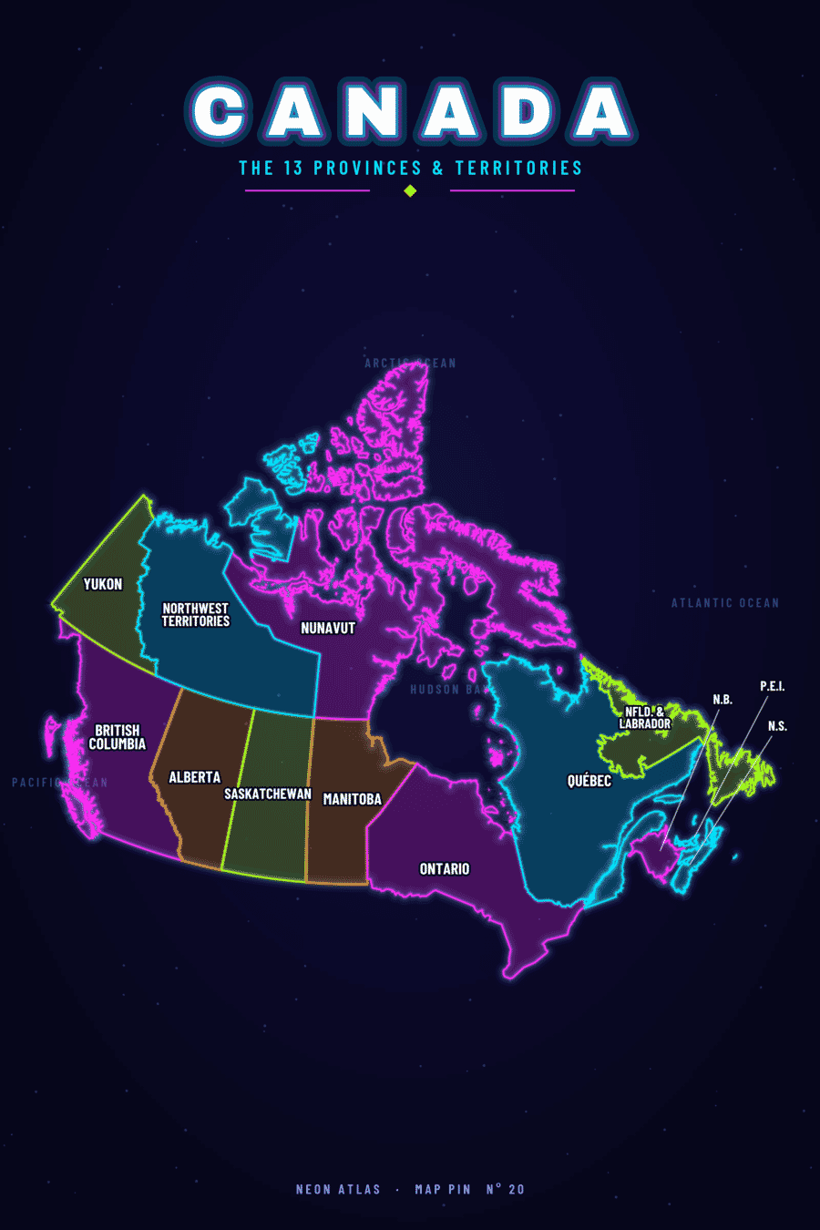 Neon map of Canada showing its provinces, with a glowing location pin