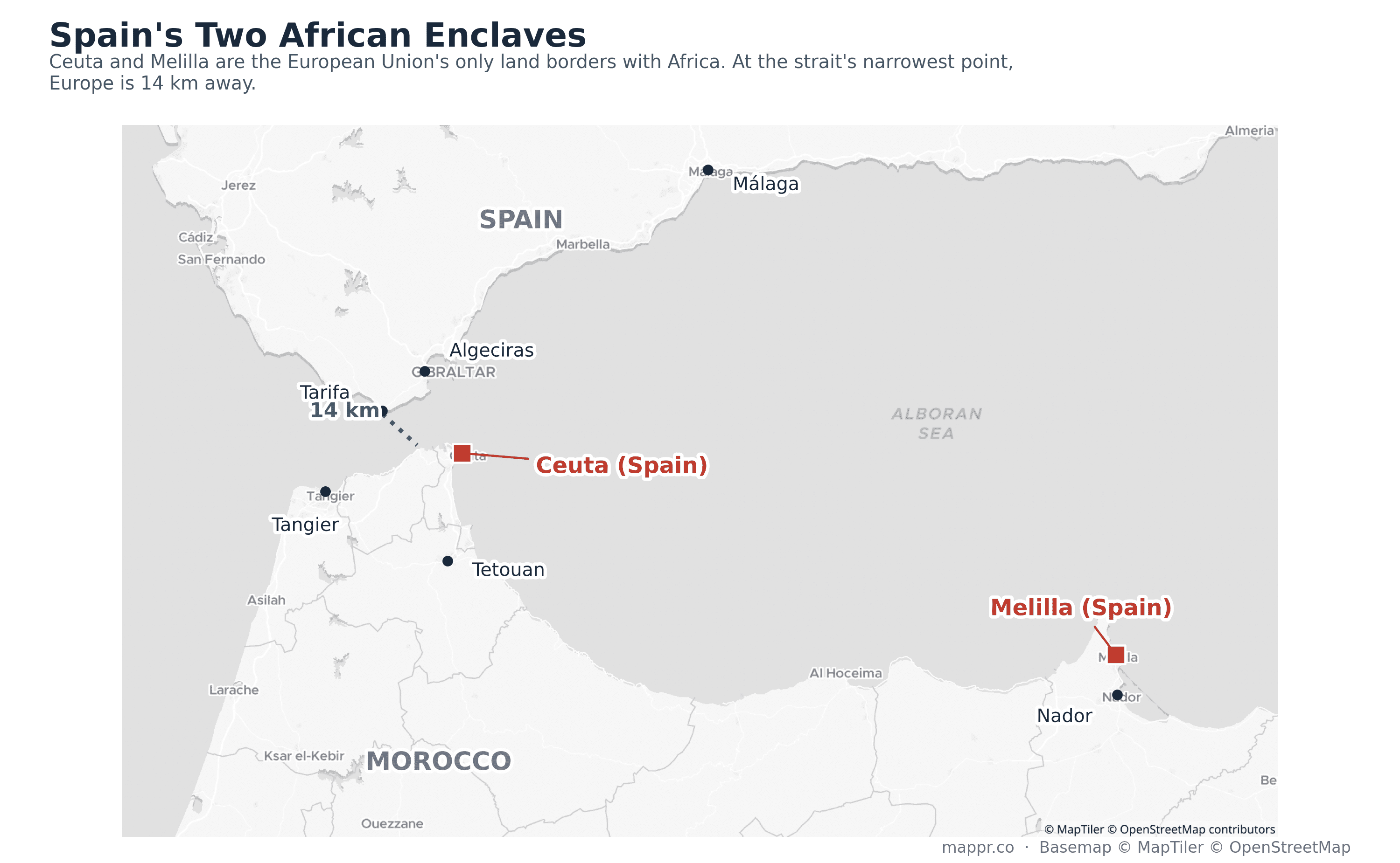 Map of the Strait of Gibraltar and Alborán Sea showing Spain's two North African enclaves, Ceuta and Melilla, and the 14 km strait crossing