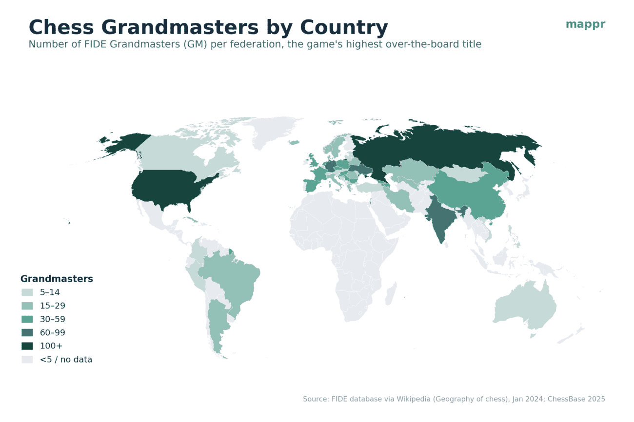 World choropleth map of chess grandmasters by country, with Russia, the United States, Germany and India shaded darkest