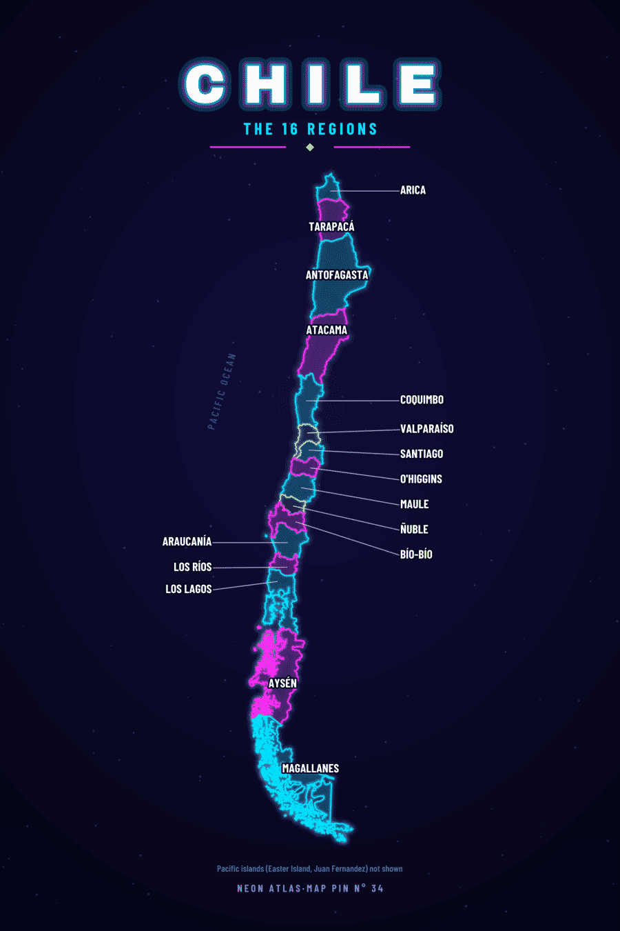Neon map of Chile showing its regions, with a glowing location pin