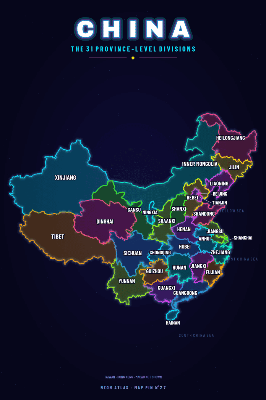 Neon map of China showing its provinces, with a glowing location pin