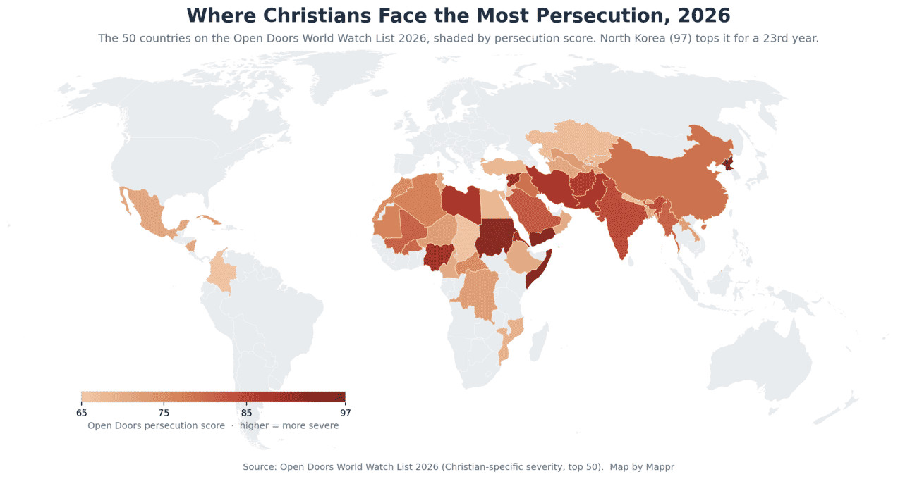 World map shading the 50 countries on the Open Doors World Watch List 2026 by persecution score