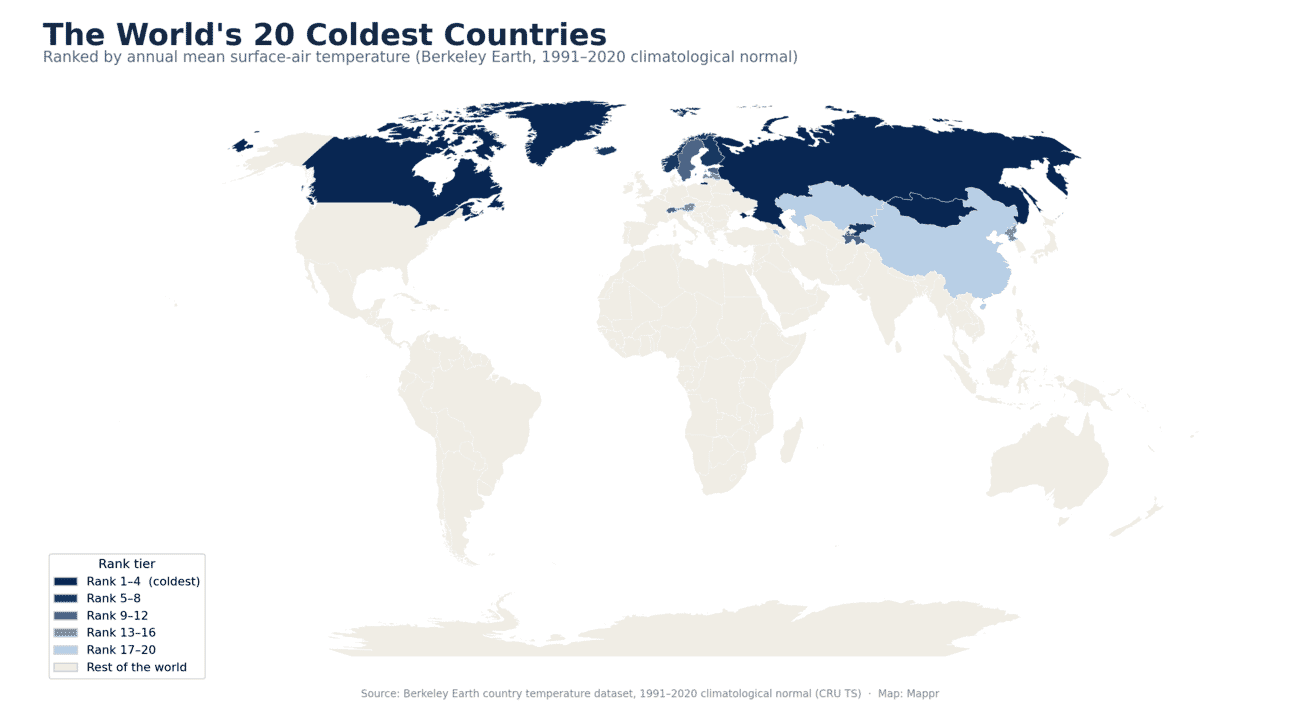 World map highlighting the 20 coldest countries by annual mean temperature, ranked in five tiers of four with Greenland, Canada, Russia and Mongolia in the darkest tier.