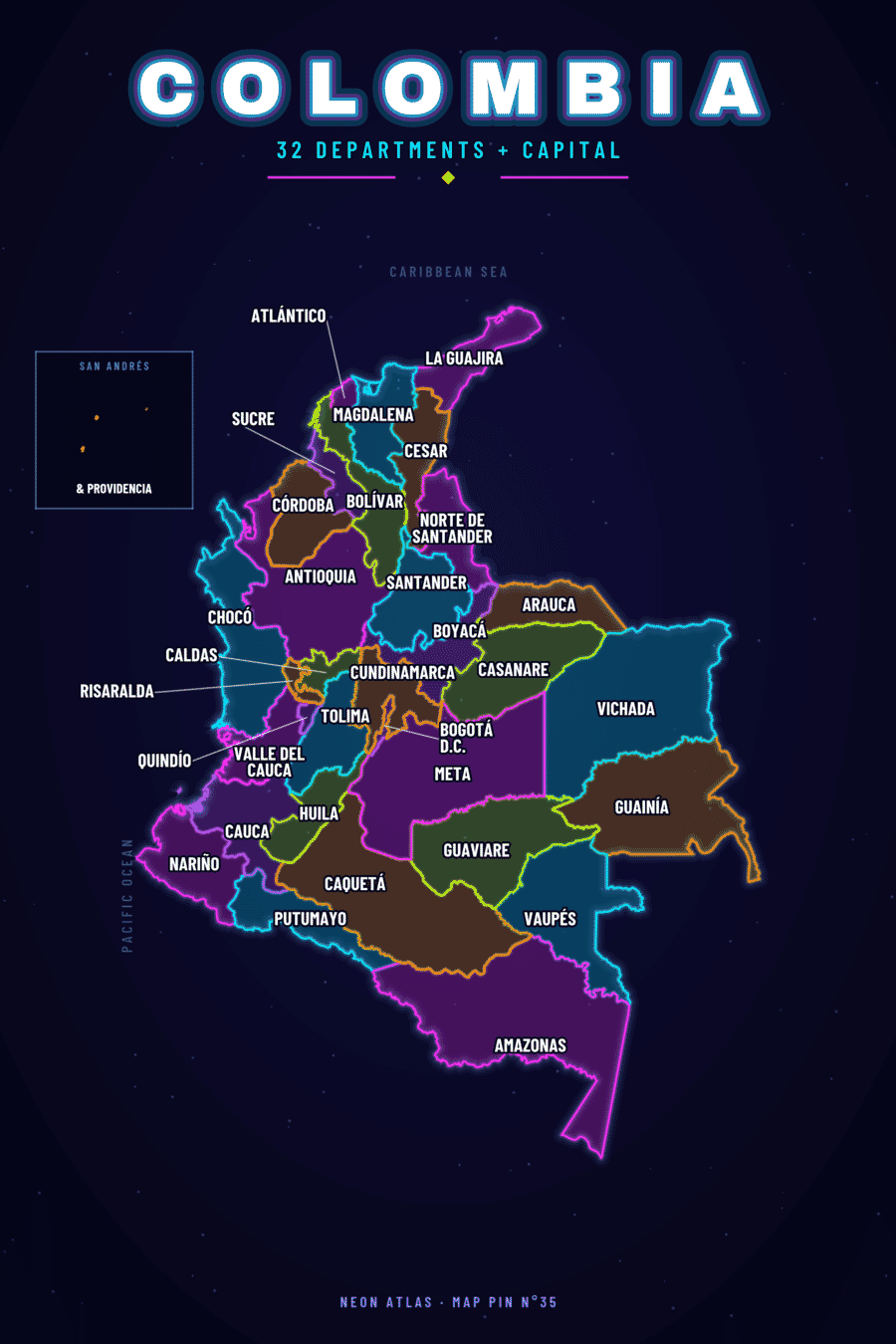 Neon map of Colombia with a glowing location pin