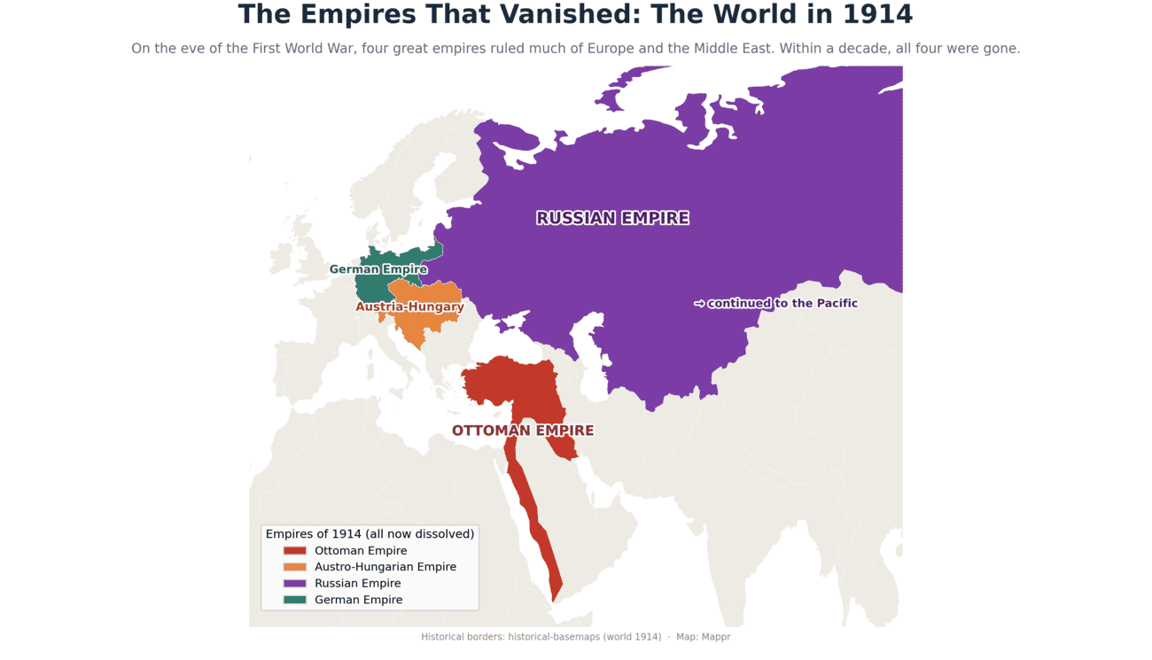 Map of the world in 1914 showing four empires that have since dissolved: the Russian Empire in purple, the Ottoman Empire in red, Austria-Hungary in orange and the German Empire in teal
