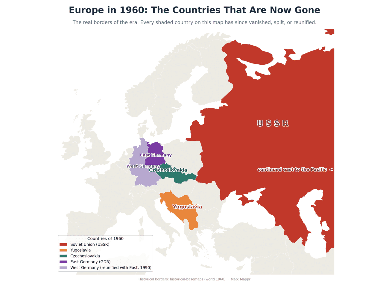 Map of Europe in 1960 showing the borders of countries that no longer exist: the Soviet Union in red, Yugoslavia in orange, Czechoslovakia in teal, and East and West Germany in two shades of purple