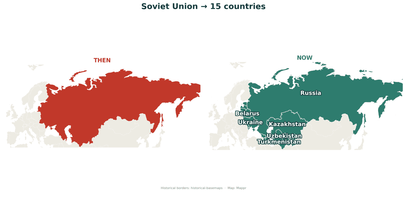 Before and after map: the Soviet Union as one country in red, and the 15 independent successor states in teal
