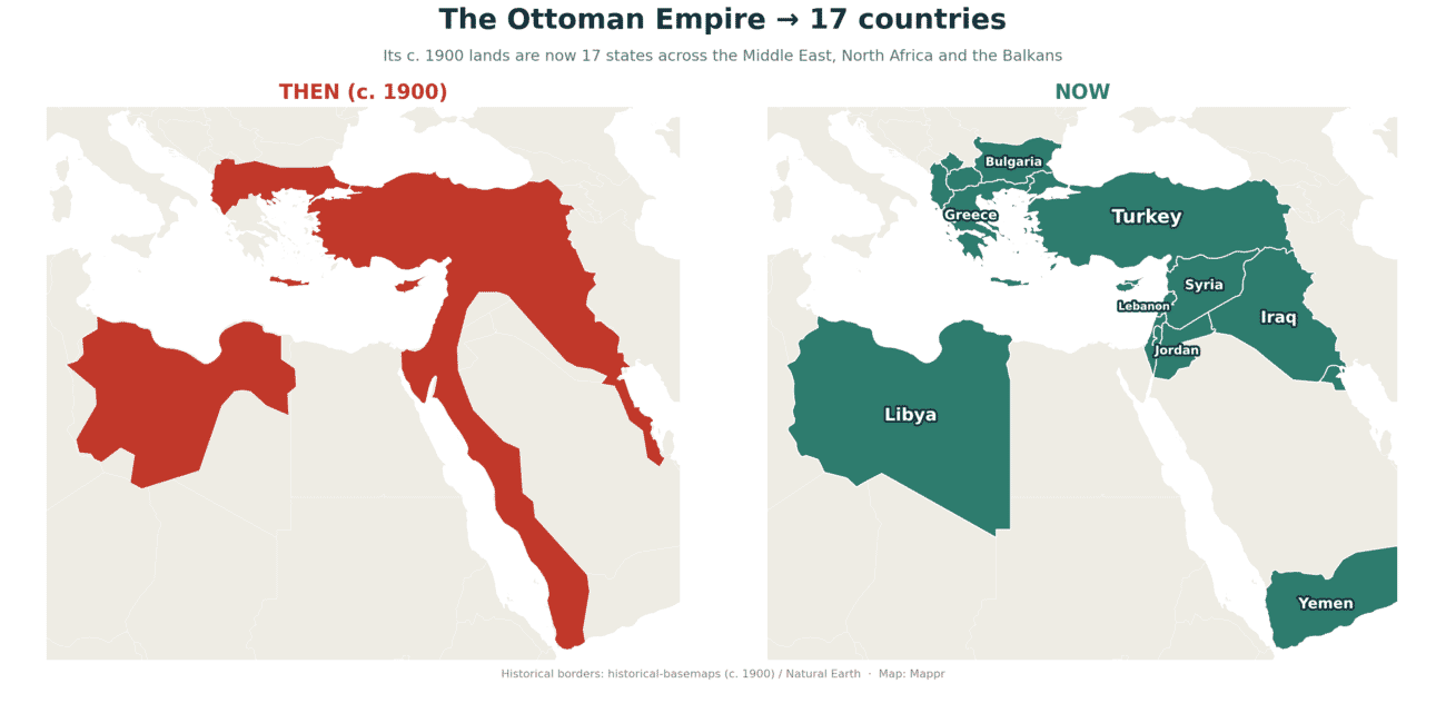 Map of the Ottoman Empire around 1900 in red, and the 17 modern countries across its former lands in teal
