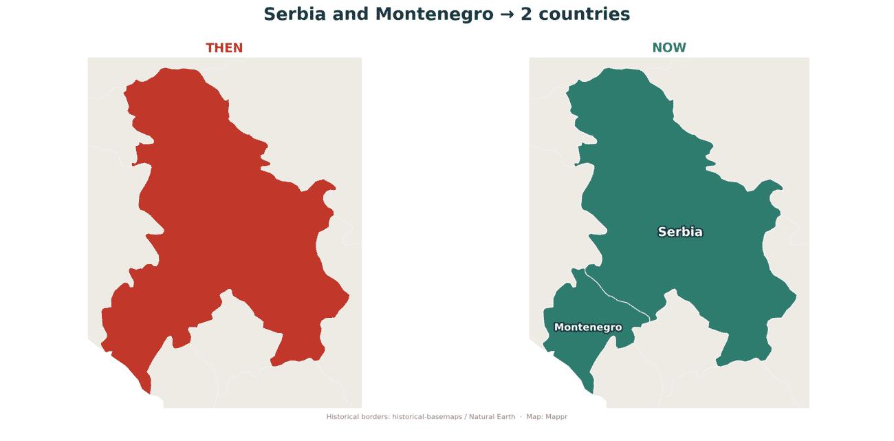 Before and after map: the Serbia and Montenegro union in red, and the two separate countries of Serbia and Montenegro in teal