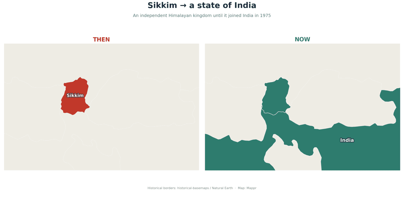 Before and after map: the independent kingdom of Sikkim in red, and Sikkim as part of India in teal