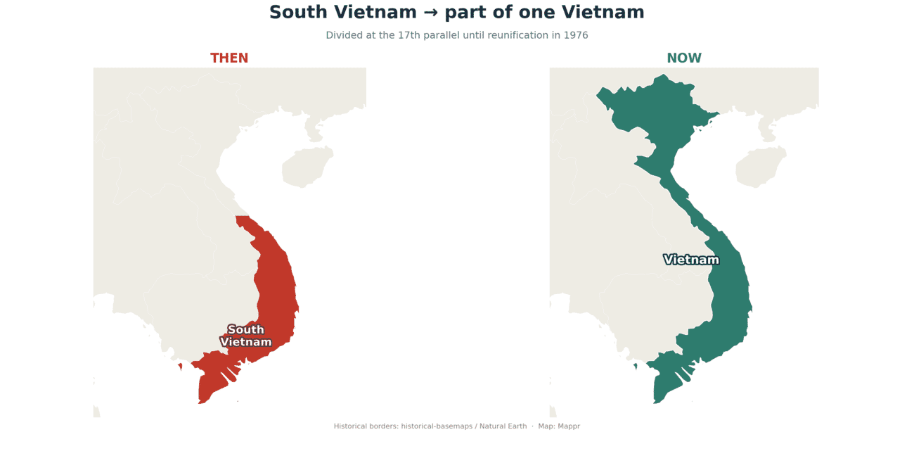 Before and after map: South Vietnam below the 17th parallel in red, and the reunified Vietnam in teal