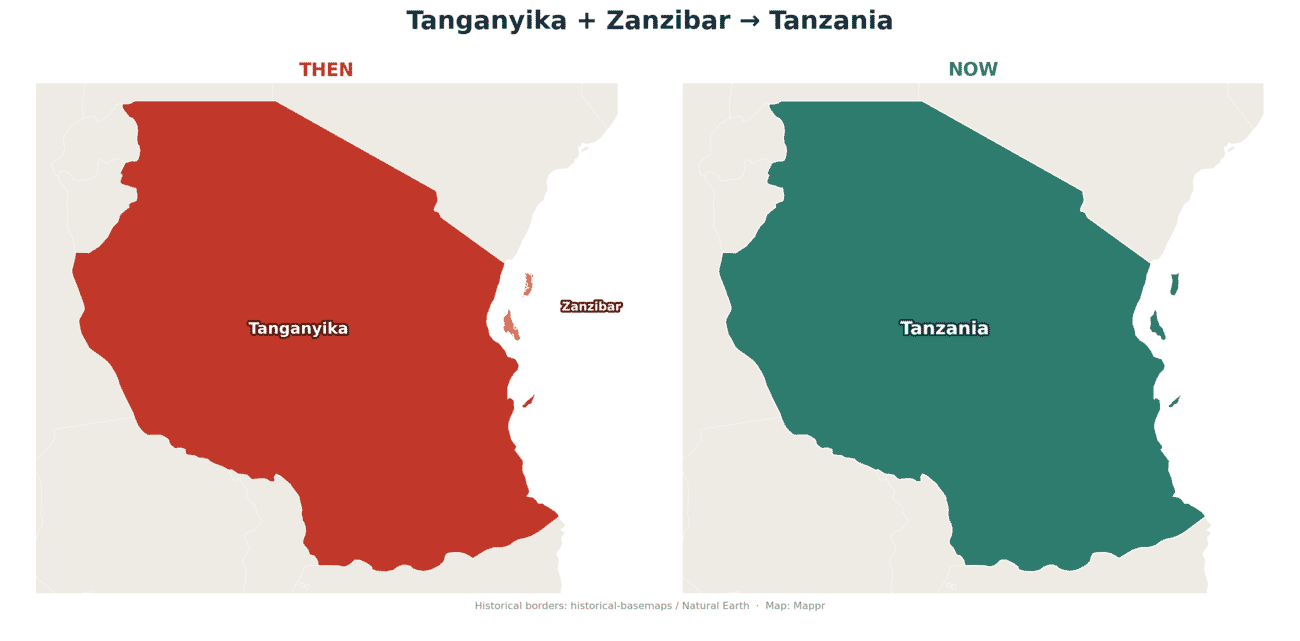 Before and after map: mainland Tanganyika and the Zanzibar islands as two states, and unified Tanzania in teal