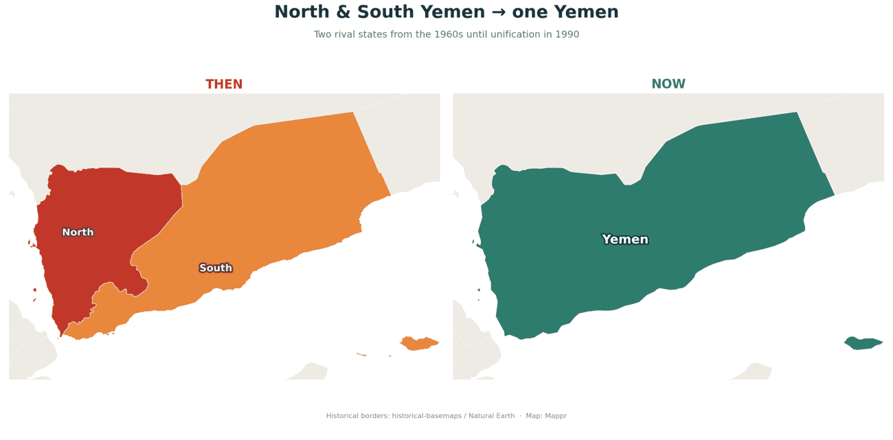 Before and after map: North Yemen and South Yemen as two states, and the unified Yemen in teal