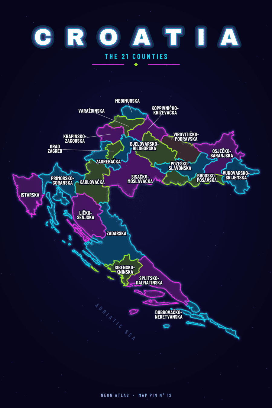 Neon map of Croatia showing its counties, with a glowing location pin