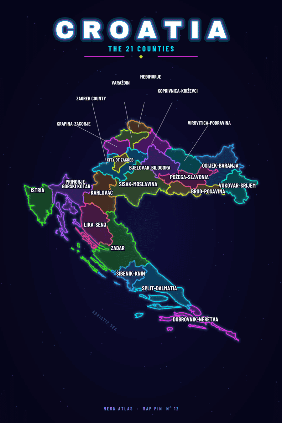 Neon map of Croatia showing its regions, with a glowing location pin