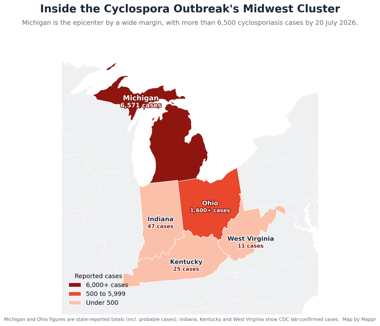 Zoomed map of the 2026 cyclosporiasis outbreak cluster in Michigan, Ohio, Indiana, Kentucky and West Virginia, with Michigan the dark-red epicenter at more than 8,000 cases