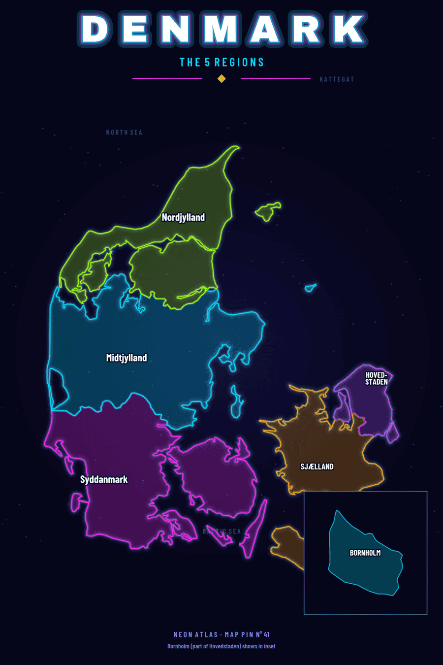Neon map of Denmark with a glowing location pin