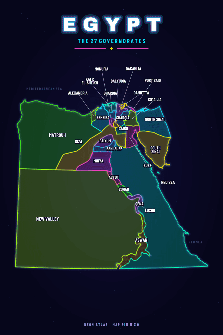 Neon map of Egypt Maps showing its governorates, with a glowing location pin