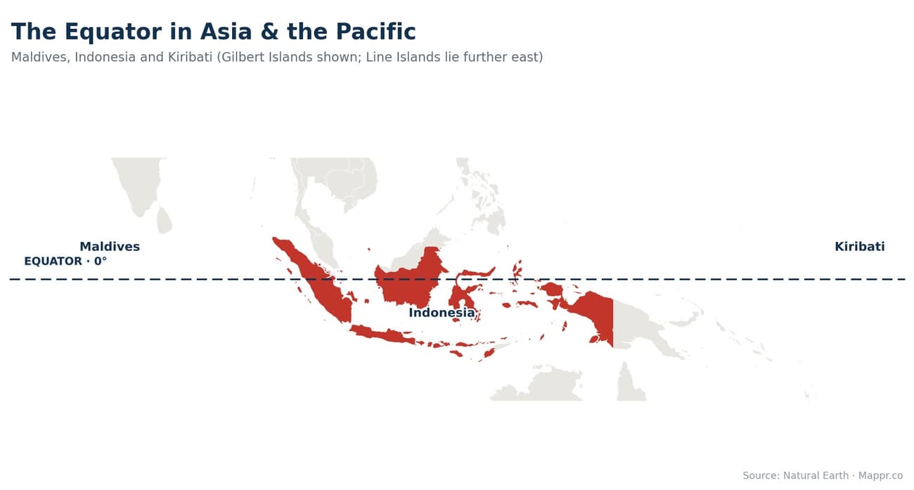 Map of the Equator crossing Asia and the Pacific, highlighting the Maldives, Indonesia and Kiribati