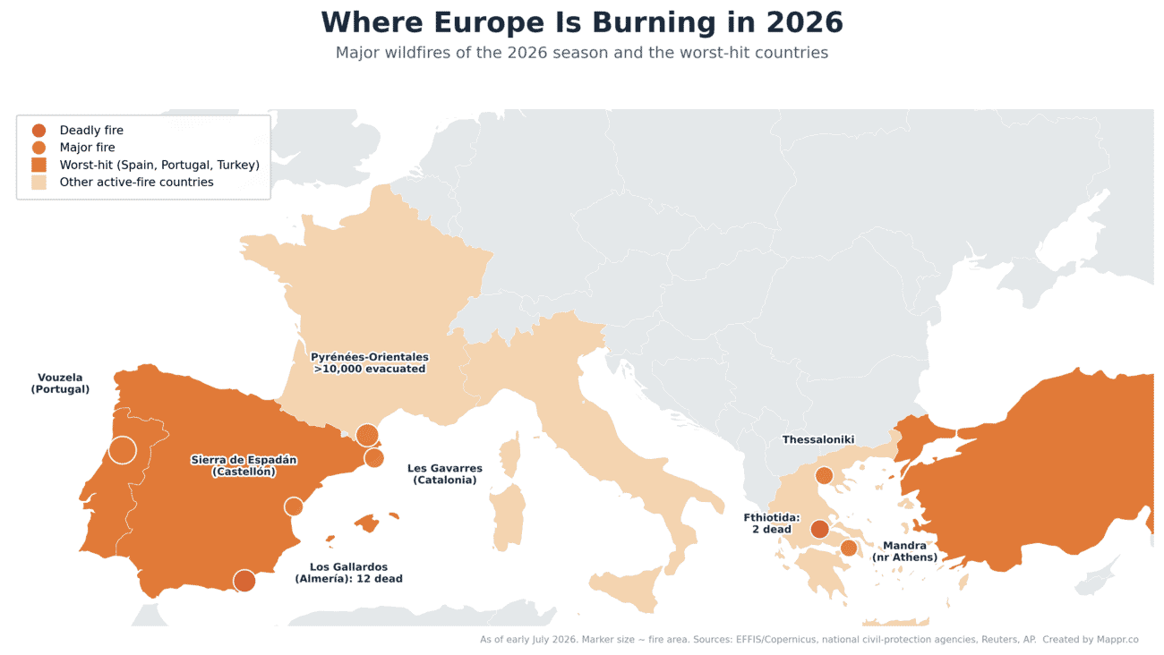 Map of major wildfires across Europe in the 2026 season