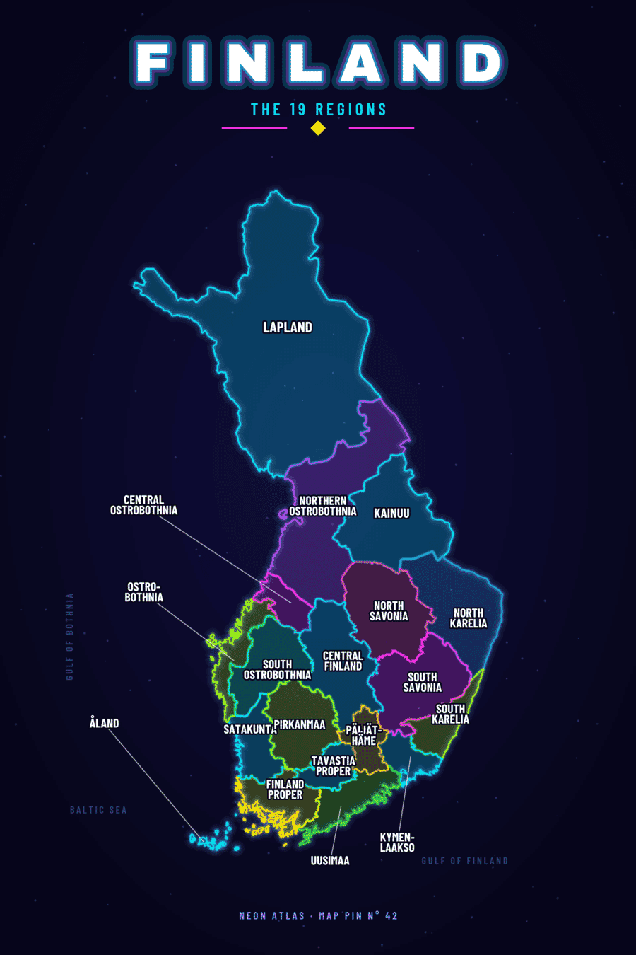Neon map of Finland with a glowing location pin