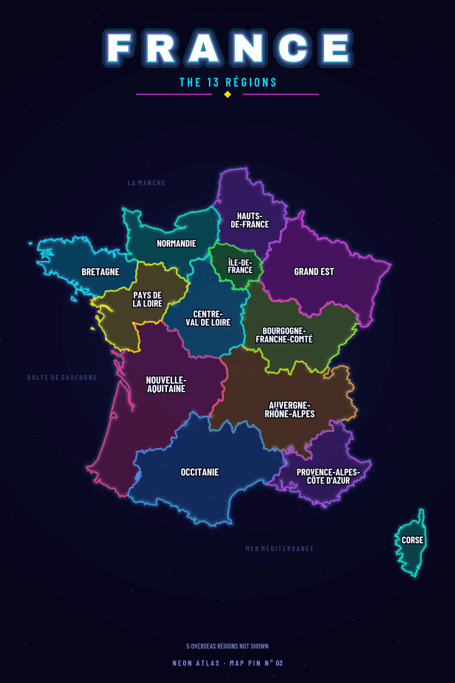 Neon map of France showing its regions, with a glowing location pin
