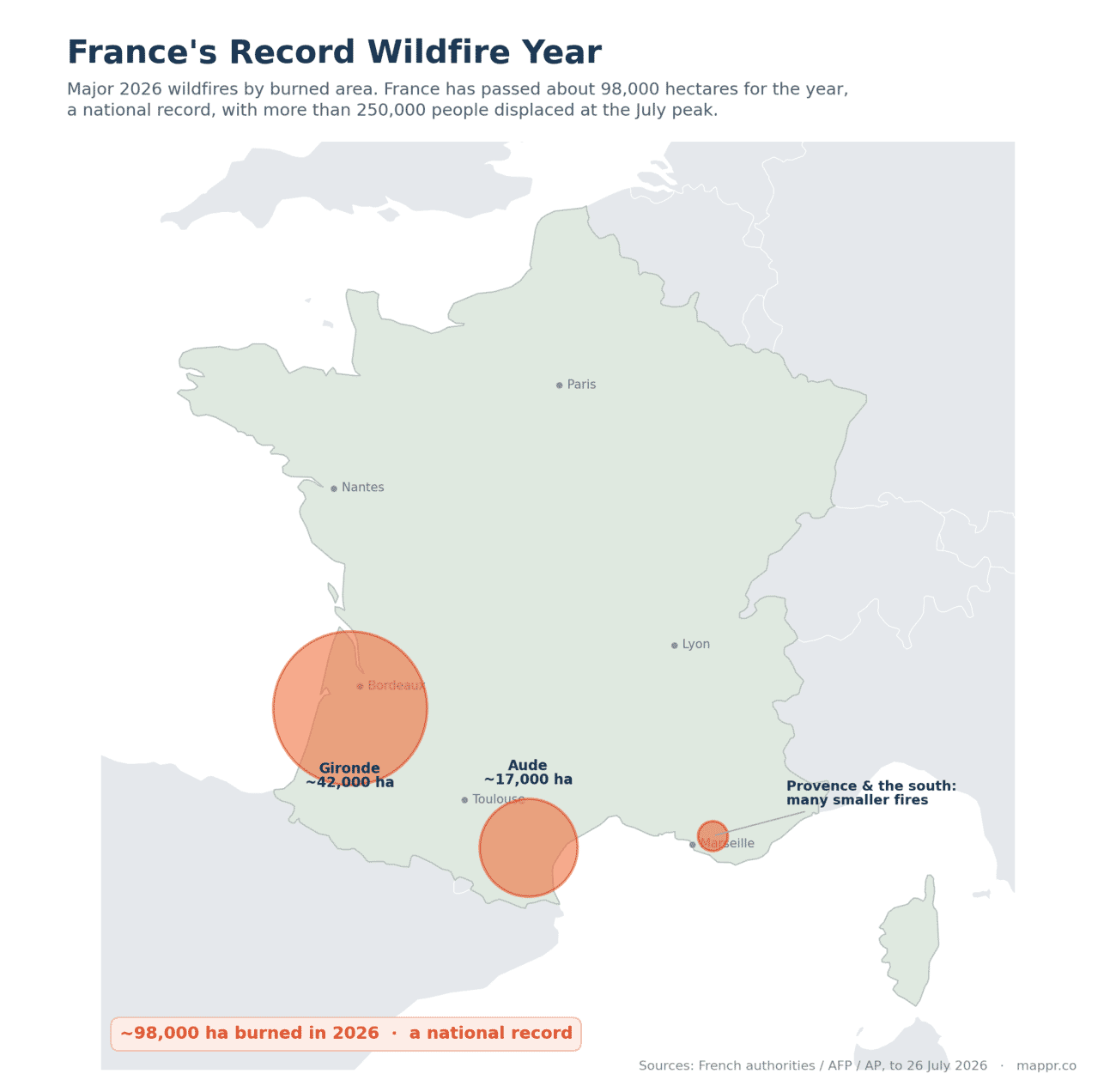 Map of France 2026 wildfires by burned area, showing the Gironde and Aude fires