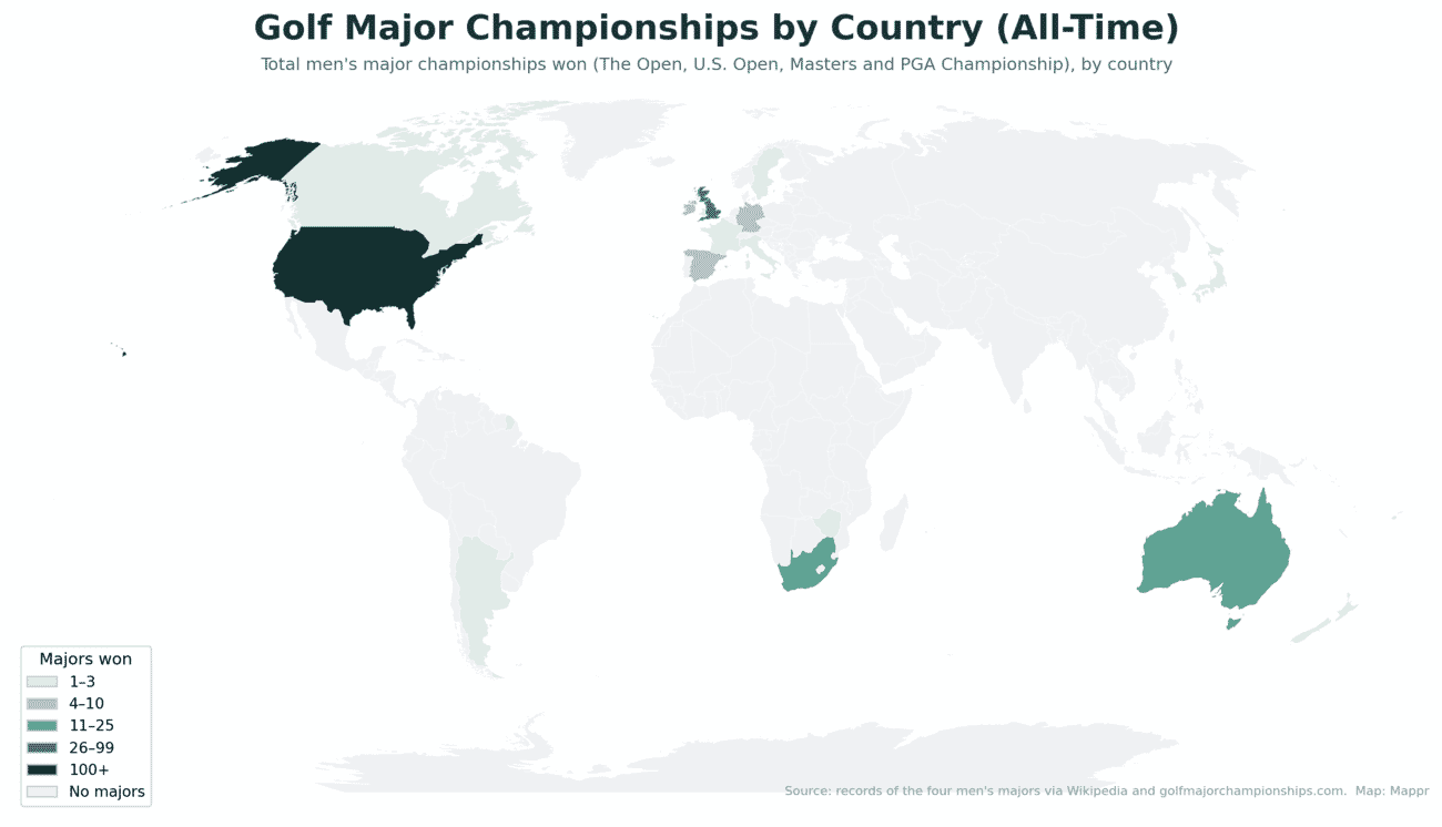 World map of golf major championships won by each country, all-time