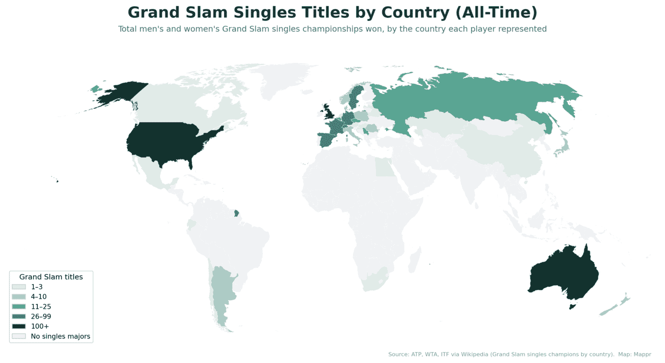 World map of Grand Slam singles tennis titles won by each country, all-time