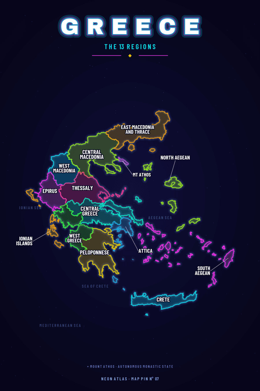 Neon map of Greece showing its regions, with a glowing location pin