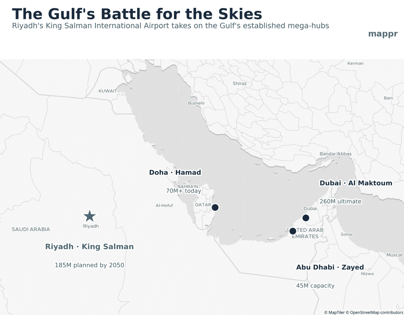 Map of the Gulf showing Riyadh's King Salman International Airport alongside the mega-hubs of Dubai, Doha and Abu Dhabi with their planned capacities
