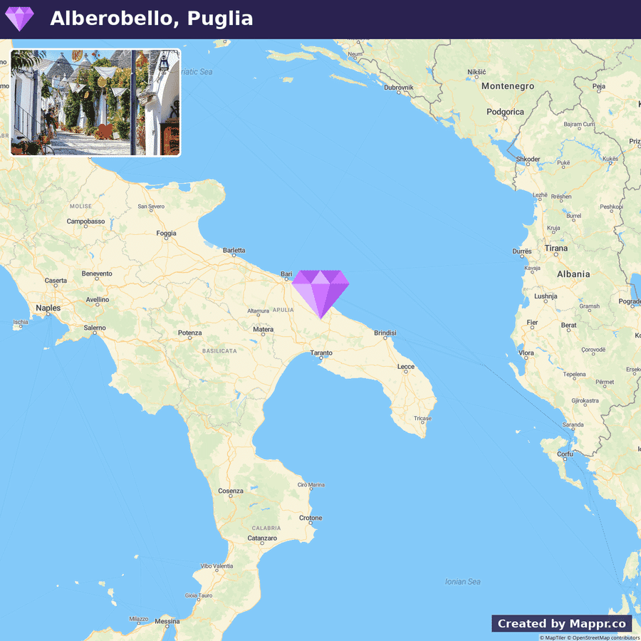 A map highlighting the location of Alberobello in the Puglia region of Italy, with an inset picture showing a picturesque street in Alberobello.