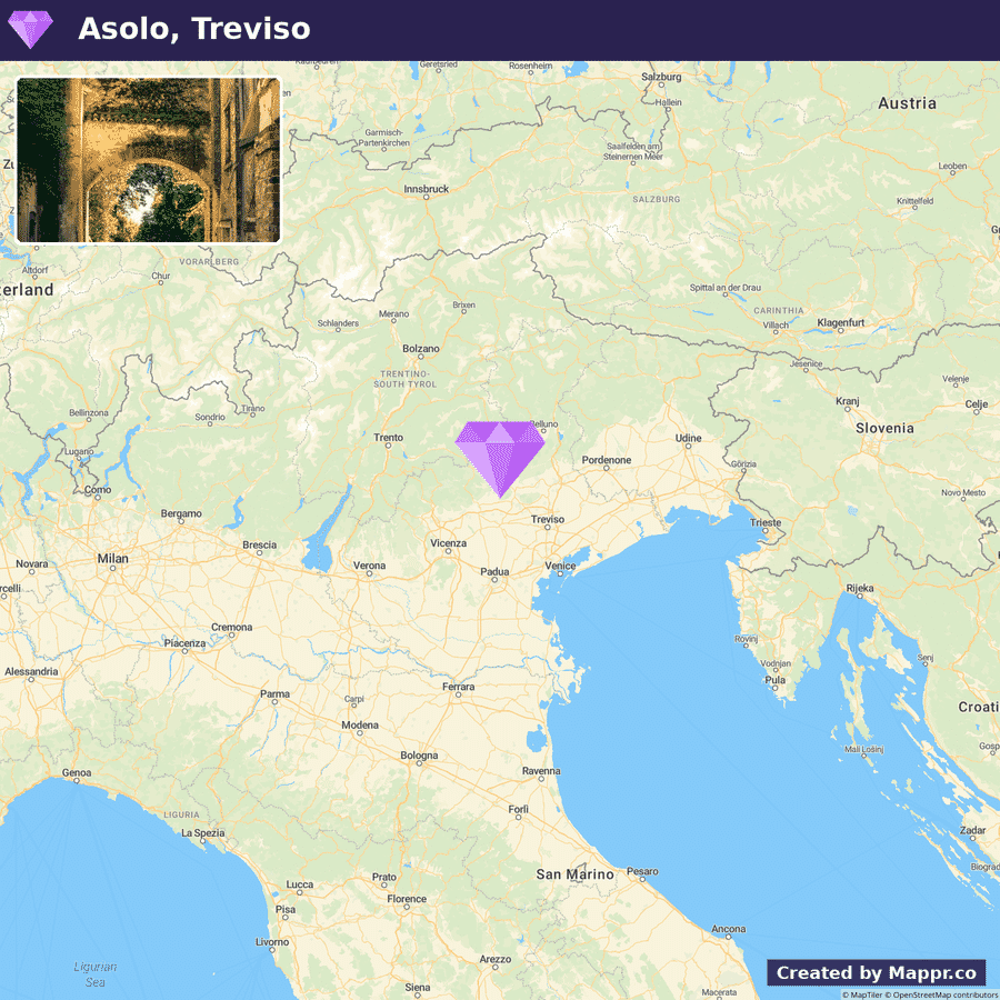 A map highlighting the location of Asolo, Treviso in Italy, with an inset image in the top-left corner featuring a scenic view of a tree-lined path through an old stone archway.