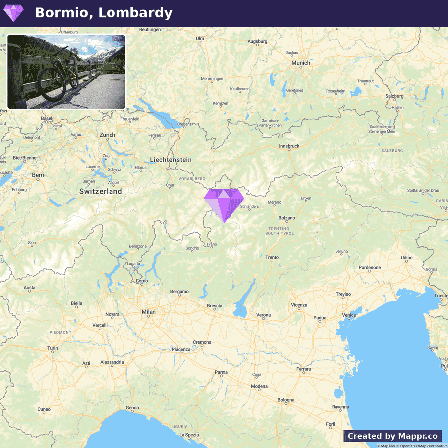Map showing where Bormio sits within its region, with a diamond marker on the exact location