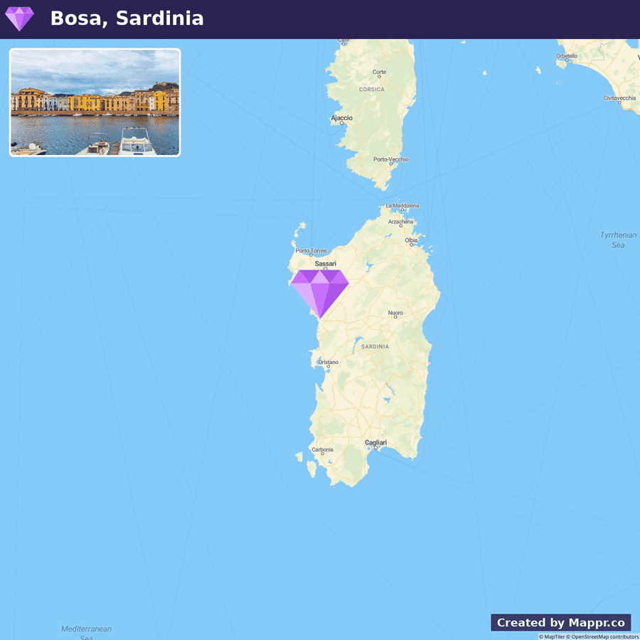 A map of Sardinia highlighting Bosa with a purple marker, accompanied by an inset photograph showing colorful buildings by the water with boats docked in the foreground.